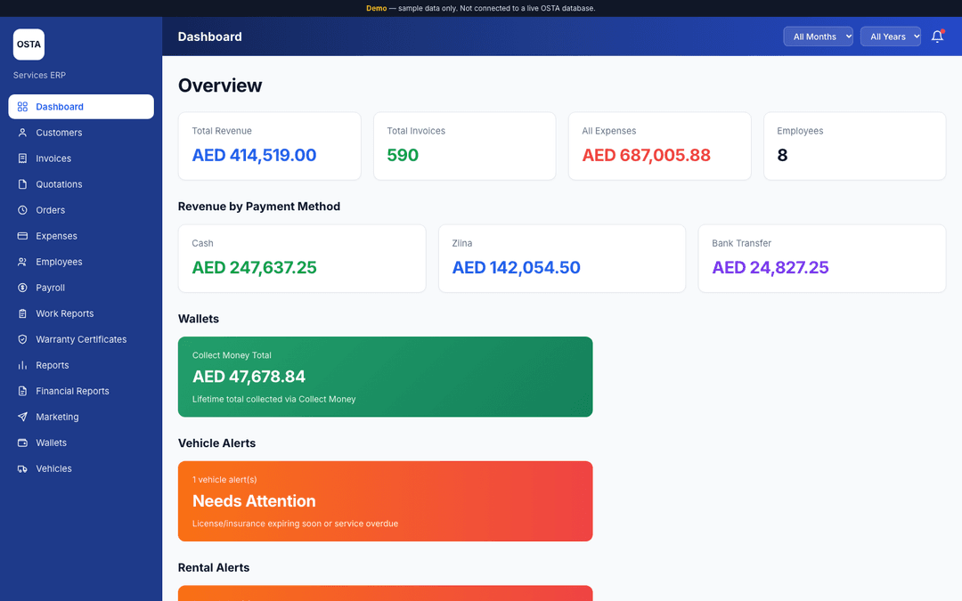 OSTA Services ERP demo dashboard